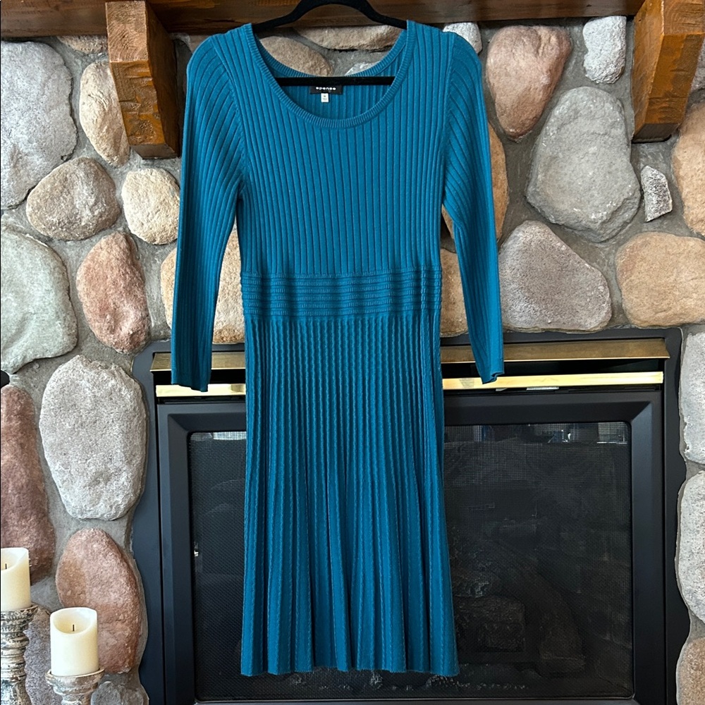 Spense Women's Blue 3/4 Sleeve Stretch Knit Midi Sweater Dress, Size M